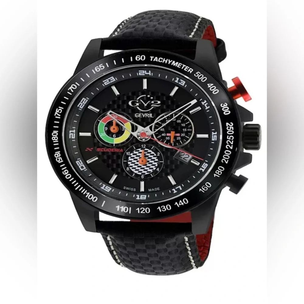 GV2 by Gevril Men's Scuderia Black Leather Watch 45mm